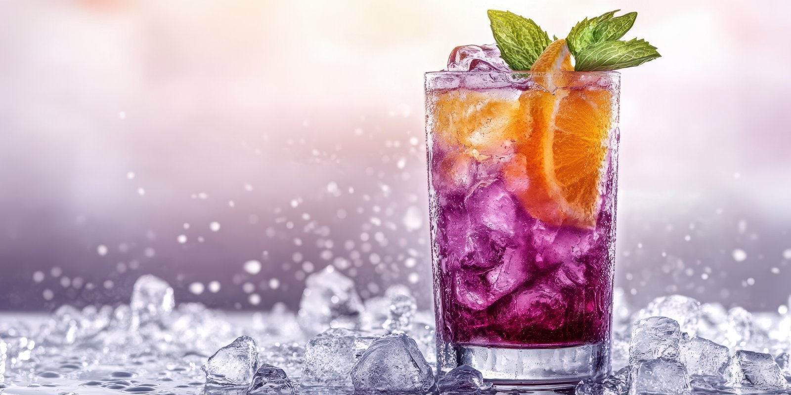 Refreshing summer beverage served in a clear glass with ice and citrus fruits at a beachside location during sunset